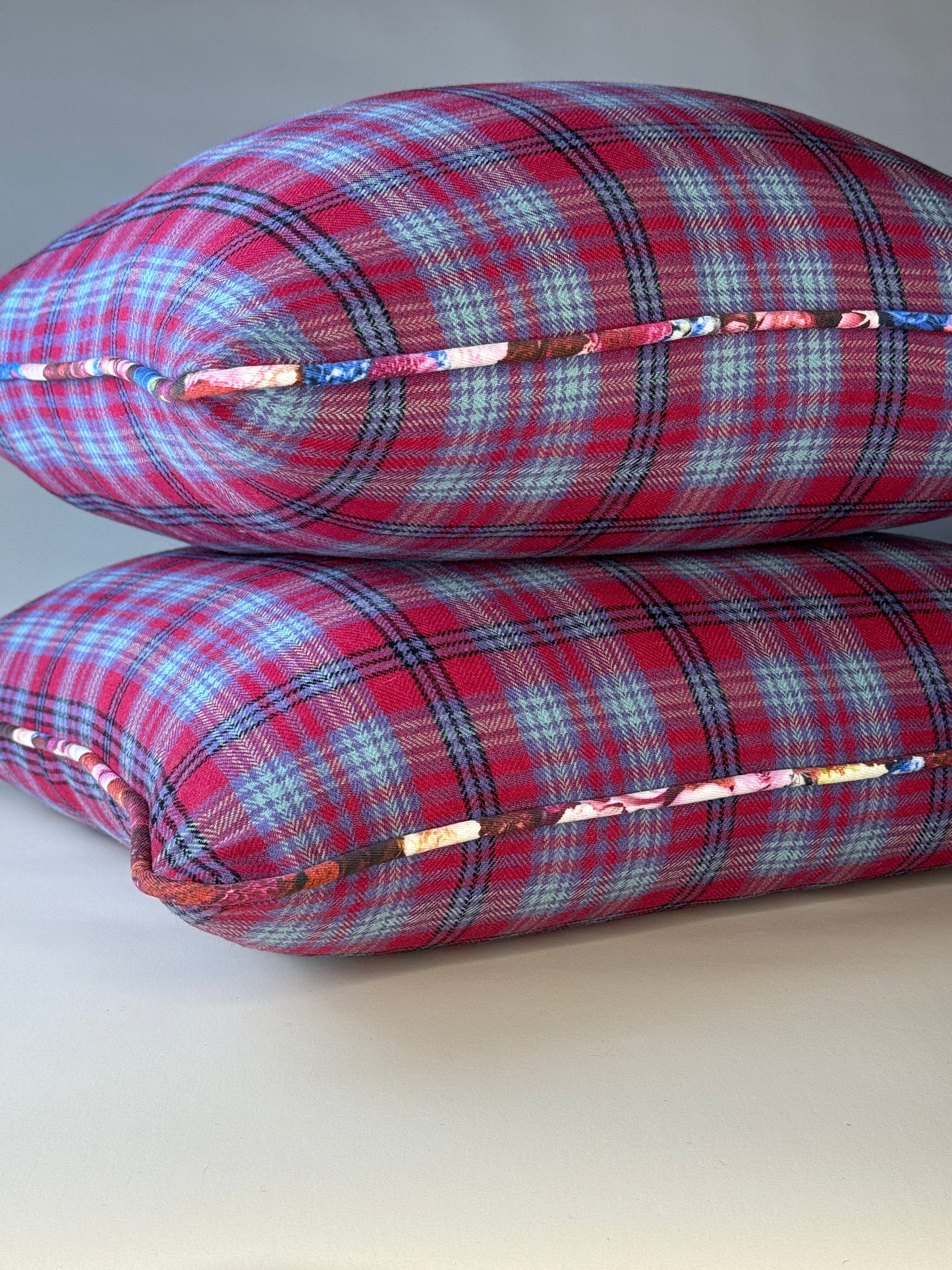 Pink and Blue Plaid Pillows with Floral Piping