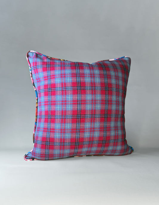 Pink and Blue Plaid Pillows with Floral Piping